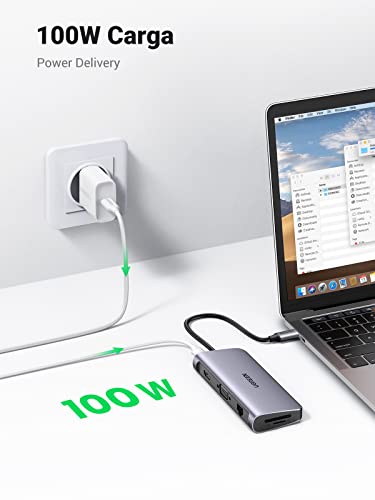 UGREEN Hub USB C, 10 en 1 USB C Hub Adaptador a HDMI 4K@30Hz, 1000Mbps Gigabit Ethernet, VGA, 3* USB 3.0, Lector Tarjeta SD TF, 3.5mm Audio Jack y 100W Power Delivery para Macbook Pro/Air, iPad Pro